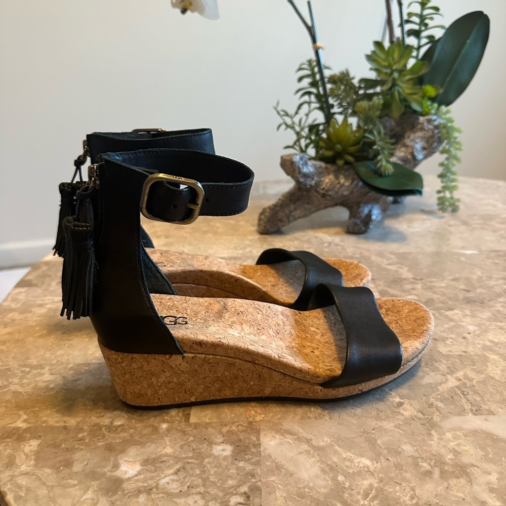 UGG Black Leather Wedges with Cork Base
